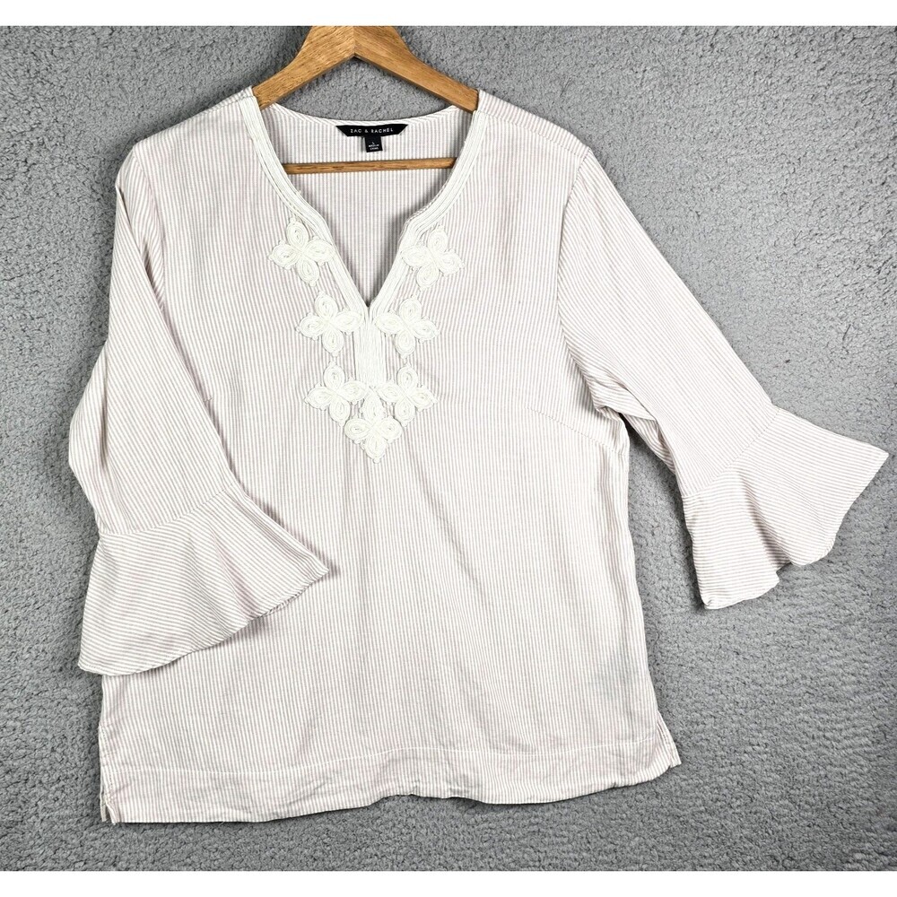 Zac & Rachel Tunic Top L 100% Cotton Embroidered Striped Bell Sleeve Boho